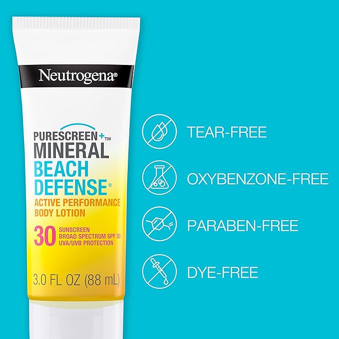 Neutrogena Purescreen+ Mineral Beach Defense Active Performance Body Lotion Sunscreen with Broad Spectrum SPF 30, Quick Drying and Water-Resistant 80 Minutes UVA/UVB Protection, 3.0 fl. oz