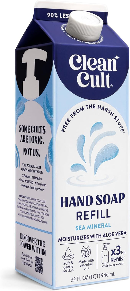 Cleancult Liquid Hand Soap Refill - Sea Minerals - Gentle On Sensitive Skin - Made with Aloe Vera & Essential Oils - Eco Friendly - Paper-Based Packaging - 32 oz/1 Pack