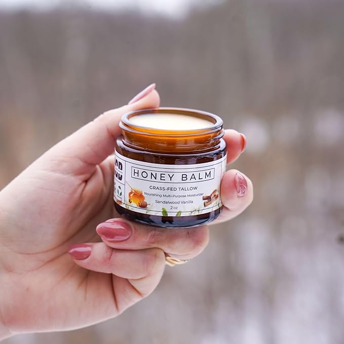 Tallow and Honey Balm, Organic Body Butter, Grass-Fed Beef Tallow for Skin, Soothing All-Natural Moisturizer for Body and Face | Made in USA - 2 oz (Sandalwood Vanilla)