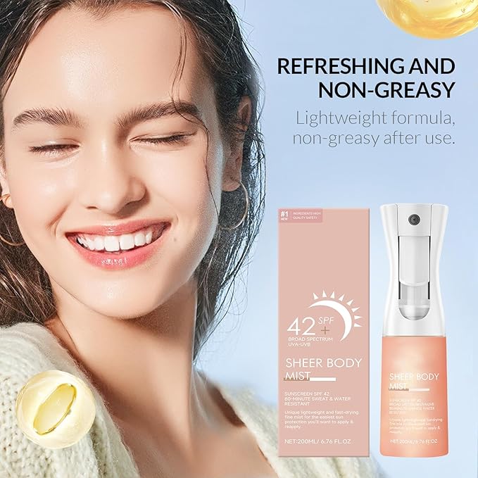 Sunglaze Sheer Body Mist Sunscreen SPF 42, Infused with Shimmering Body Oil, Hydrating Mist, Hydrates, Gives Skin a Glowy Finish, Lightweight, Gives Skin A Glowy Finish（6.7 Fl Oz）
