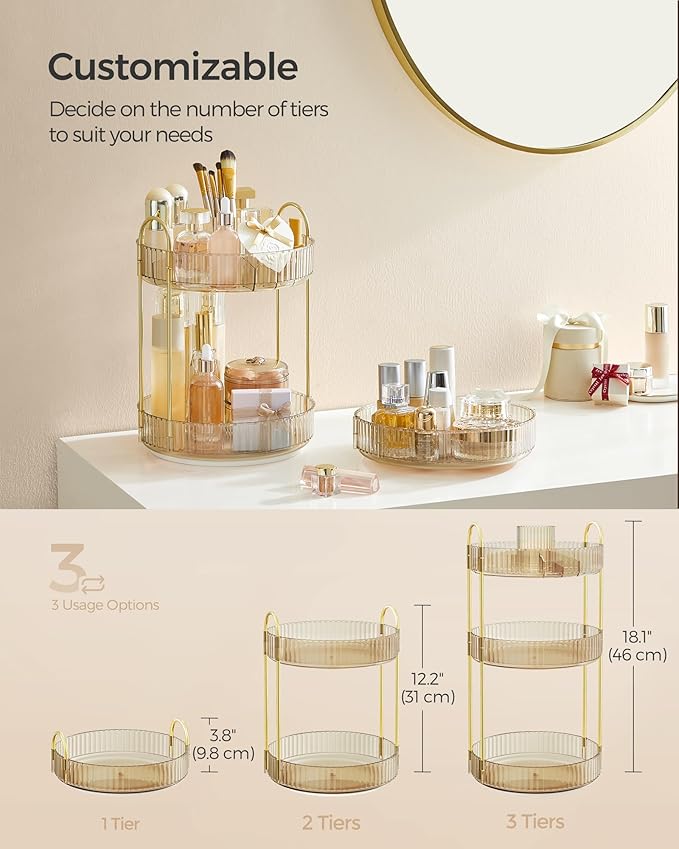 SONGMICS Makeup Organizer, 3-Tier Round Rotating Skincare Organizer Countertop, Customizable, Toiletries Vanity Organizer, Lazy Susan, Gift, Champagne Gold UJKA011A01