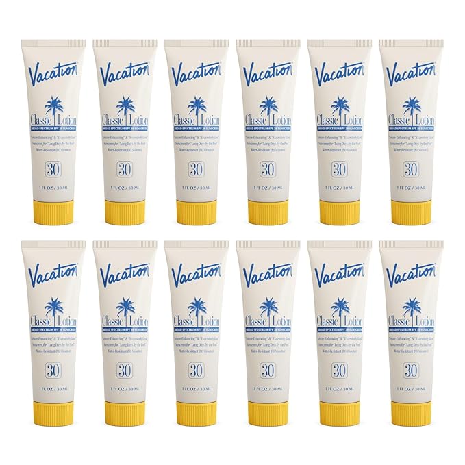 Vacation Mini Classic Lotion SPF 30, Water Resistant, Broad Spectrum Bulk Sunscreen, Travel Size, Bachelorette Party Favors, Beach Essential, 1 fl. oz. (Pack of 12)