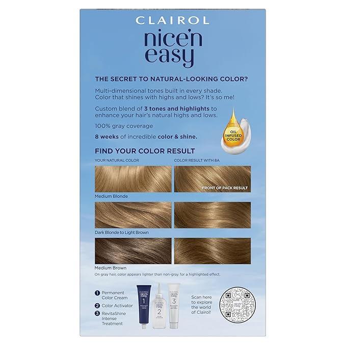 Clairol Nice'n Easy Permanent Hair Dye, 8A Medium Ash Blonde Hair Color, Pack of 3