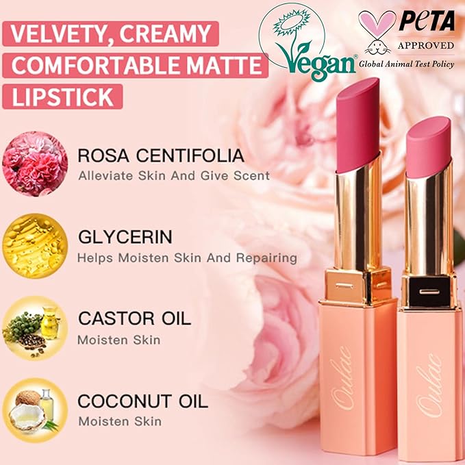 Oulac Coral Red Creamy Matte Lipstick, Soft Satin Finish Lipsticks for Women with Moisturising Formula, Rich Color, Highly Pigmented Enriched with Rose Oil, Vegan & Cruelty-Free| 3.6g (Y02)