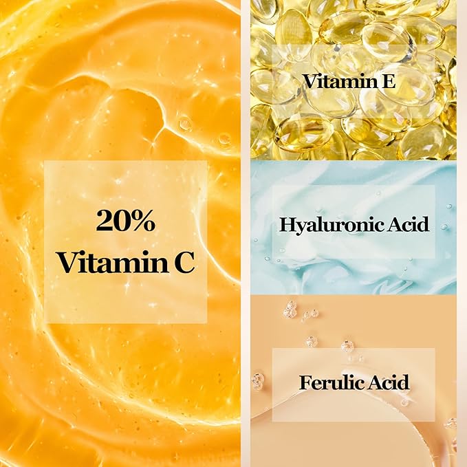Premium 20% Vitamin C Facial Serum Plus Hyaluronic Acid+Ferulic Acid+Vitamin E | Anti Aging & Anti-Wrinkle Brightening Serum For Face | Lightweight Maximum Strength Formula 1 fl oz