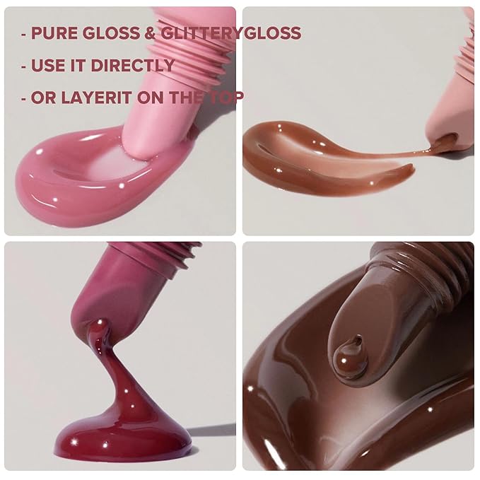 5Pcs Hydrating Lip Gloss Set: Long-lasting, Non-sticky Shiny Jelly Lip Gloss with Glitter Plumping Effect in Nude Shades for a High-shine, Glass-like Finish, 0.3 fl oz Each