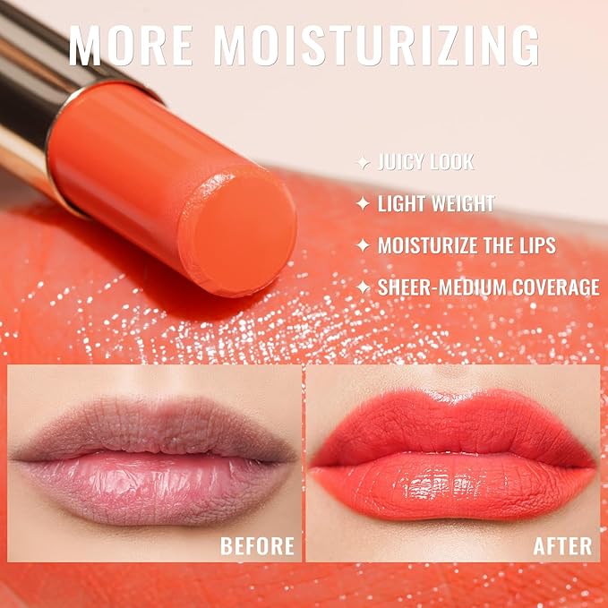 Oulac Moisturizing Shine Orange Red Lipstick for Women - 2 in 1 Orange Red Glossy Tinted Lip Balm, Hydrating Winter Lipstick for Dry Lips,Shine Juicy Finish Vegan 2.2g/0.07oz (12)