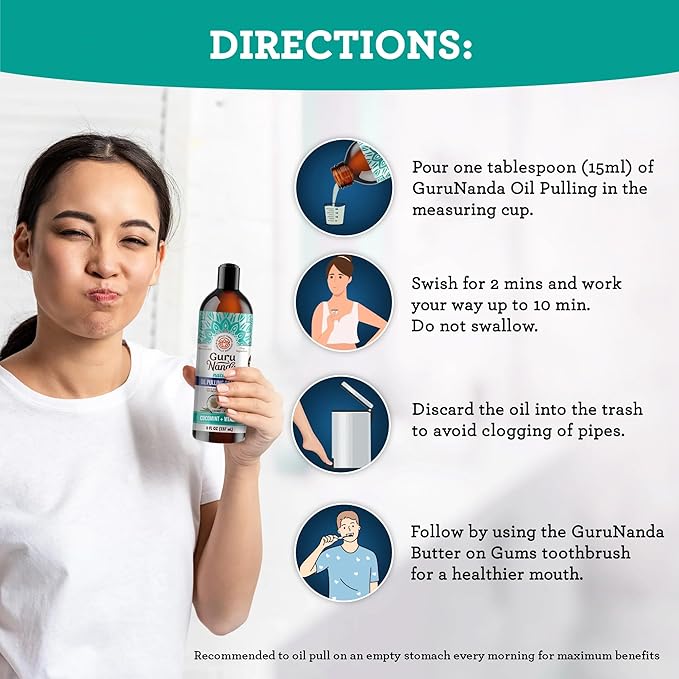 GuruNanda CocoMint Oil Pulling Mouthwash for Complete Oral Hygiene, 7 Essential Oils & Vitamins for Happy Teeth & Gums & Fresh Breath, Alcohol-Free, 3X8 oz
