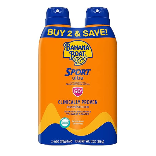 Banana Boat Sport Ultra SPF 50 Sunscreen Spray Twin Pack | Banana Boat Sunscreen Spray SPF 50, Spray On Sunscreen, Water Resistant Sunscreen, Oxybenzone Free Sunscreen Pack, 6oz each
