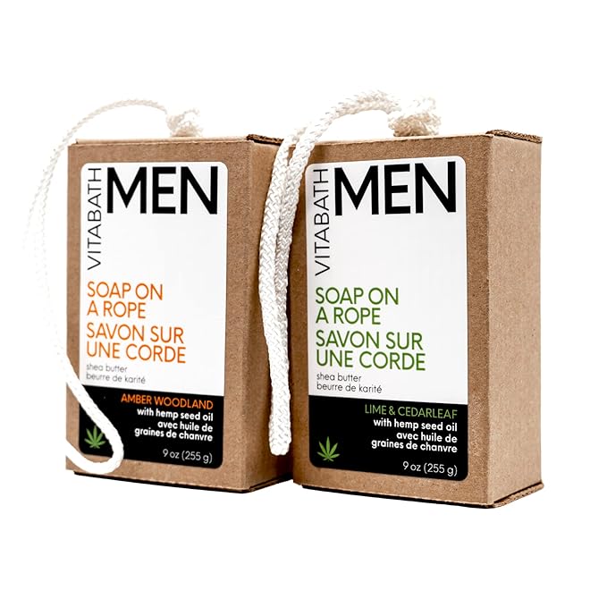 Vitabath Men's Amber Woodland Soap on a Rope Moisturizing Natural Hemp Oil & Shea Bar - Hydrating Whole Body Cleanser for Men or Women - 9 oz