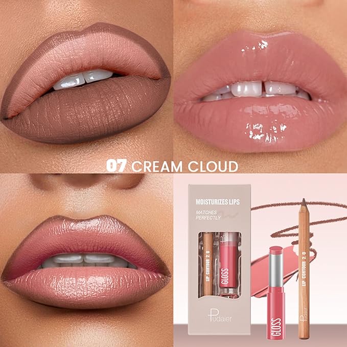 2Pcs Lipstick and Lip Liner Combo, Lip Liner and Lip Gloss Kit for Women, Matte Lip Pencil and Smooth Hydrating Lipstick with Sharpener, Non-Stick Lip Makeup Set