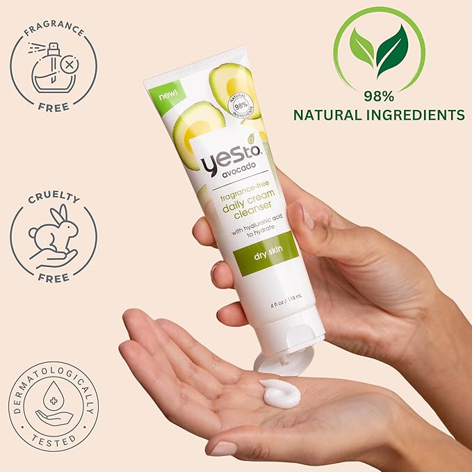 Yes To Avocado Fragrance Free Daily Cream Cleanser, Hydrating Face Wash That Removes Makeup & Impurities Leaving Skin Moisturized With Hyaluronic Acid & Glycerin, Natural Vegan & Cruelty Free, 4 Fl Oz
