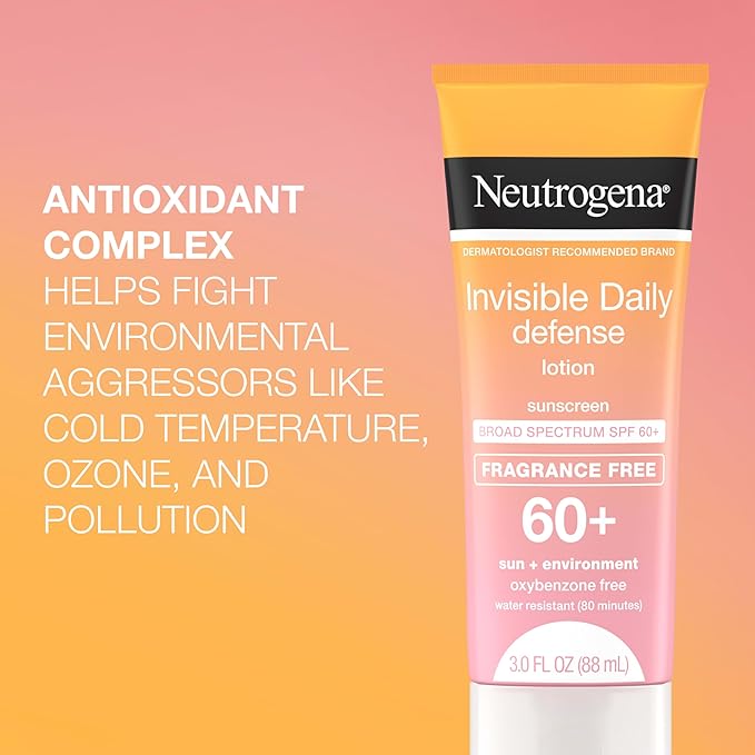 Neutrogena Invisible Daily Defense Fragrance-Free Sunscreen Lotion, Broad Spectrum SPF 60+, Oxybenzone-Free & Water-Resistant, Sun & Environmental Aggressor Protection, 3.0 fl. oz