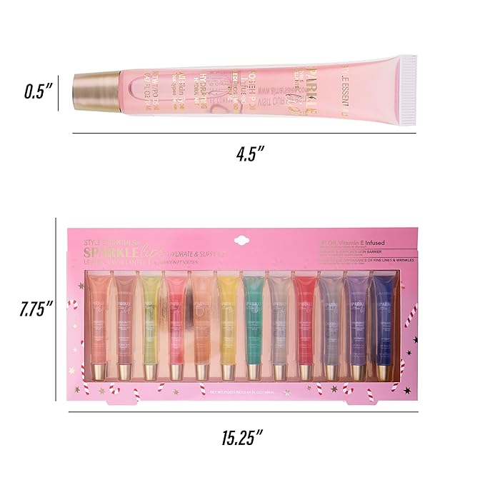 EXPRESSIONS 12pc Sparkle Lips Lip Oils - Vitamin E Infused Lip Gloss, Holiday Lip Oil Collection Hydrating Lip Care, Safe and Non-Toxic Lip Gloss Gift Set