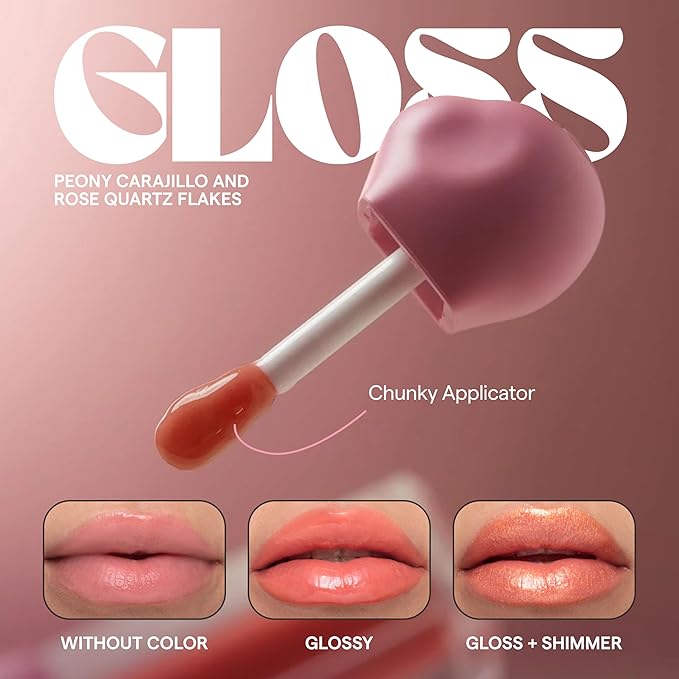 SARELLY CREATIVO LAB | Makeup Set Clear Lip Gloss + Shimmer and Shine | Beauty Vegan Skincare Make Up - Trending Lip Makeup | Peony Carajillo & Rose Quartz flakes