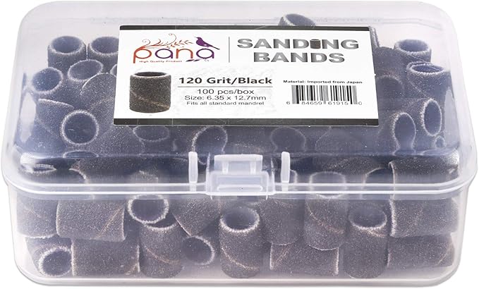 PANA 100 Pieces Nail Sanding Bands Professional Nail Manicure Great Fit for Nail Drill Bits for Acrylic Nails (120 Grit, Black)