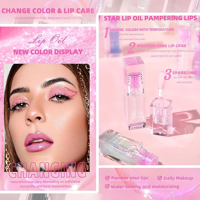 Magic Color Changing Lip Oil Ph, Glitter Lip Gloss, Upgraded Big Brush Head Moisturizing Lip Oil Long Lasting Nourishing Lip Glow Oil Non-Sticky Primer Lip Tint (# 01, 0.3 Oz)