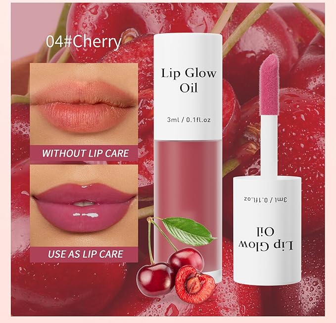 Plumping Lip Oil, Long Lasting Hydrating Lip Stain Lip Balm Cherry Fruit Revitalizing, Transparent Lip Care Oil for Dry Lip (Cherry Red)