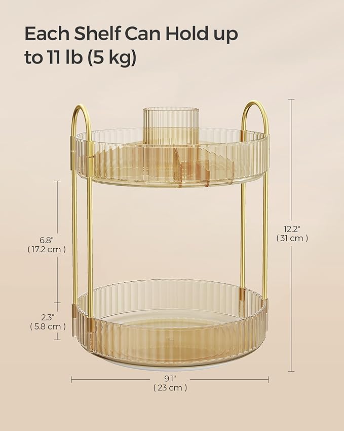 SONGMICS Makeup Organizer, 2-Tier Round Rotating Skincare Organizer Countertop, Customizable, Toiletries Vanity Organizer, Lazy Susan, Gift, Champagne Gold UJKA012A01