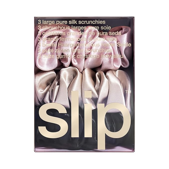 slip Large Scrunchie Multi | Set of 3 Pure Silk Large Scrunchies | Includes 1 Pink, 1 Caramel, 1 Black | 100% Mulberry Silk, Anti-Crease, Gentle on Hair, Reduces Breakage | Stylish & Durable