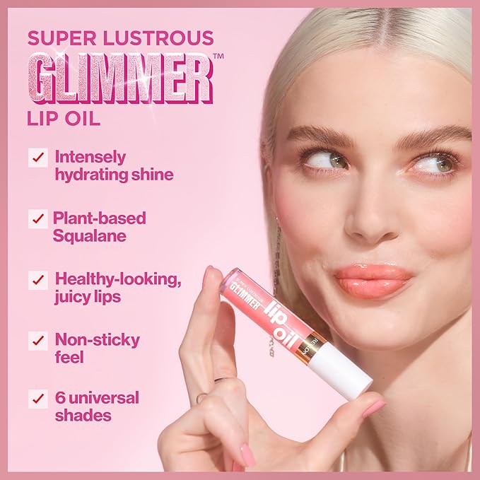 REVLON Super Lustrous Glimmer Lip Oil, Moisturizing & Tinted, Shiny Finish, Made with Plant-Based Squalane, 001 Candy Hearts, 0.13 fl oz