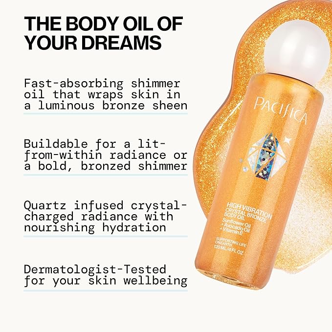Pacifica Bronzing Body Oil – Crystal Bronze Shimmering Oil for Natural Sun-Kissed Glow, Hydrating Body Illuminator, Vanilla Coconut Scent, Vegan & Cruelty-Free, Clean Beauty, 4 fl oz