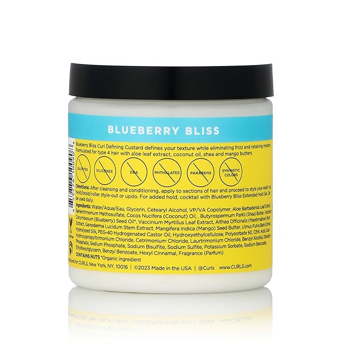 Curls Blueberry Bliss Defining Custard - 8 oz, Cream for Frizz Control & Humidity Protection, Enriched with Aloe Leaf Extract, Coconut Oil, Shea Butter & Mango Seed Butter, Type 4 Coils