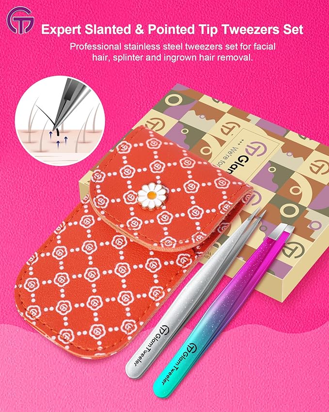 Expert Slant and Point Tip Tweezer Set with Exclusive Travel Case, GlamTweeler Sharp & Precision Tweezer Set for Eyebrows, Facial Hairs & Fine Hairs Removal (Sparkle Purple & Turquoise + Silver)