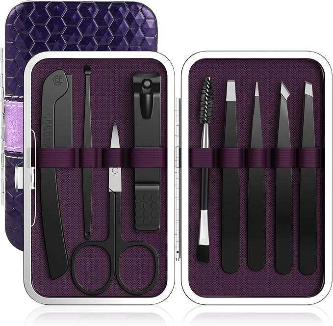 9PCS Tweezers Set for Facial Hair, Precision Tweezer for Eyebrows with Curved Scissor and Eyebrow Razor for Ingrown Hair as Stocking Stuffers Gifts for Women/men