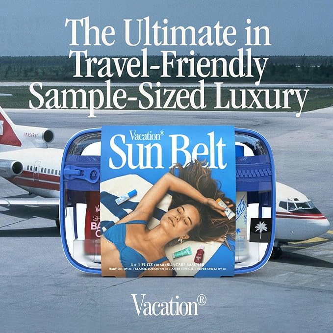 VACATION Sun Belt Sampler Kit, SPF 30-50 Sunscreen Pack, Includes Classic Lotion, Super Spritz Face Mist, Baby Oil, After Sun Gel, Festival Friendly Fanny Pack