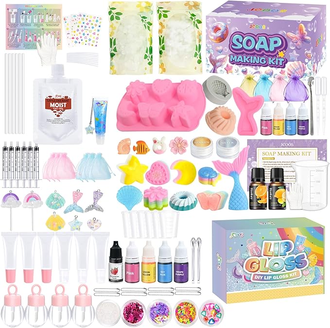 Jcoos Lip Gloss Making Kit 73PCS Lip Gloss Keychain Make Your Own Lip Gloss Kit, DIY Lip Gloss Making kit, Soap Making Kit for Kids, Make Your Own Soap Kit Soap Making Kit Science Kits for Kids Age