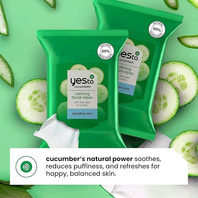 Yes To Face Wipes for Women and Men, Sensitive Facial Cleansing Wipes for use as a Make Up Remover, Cleaning, Soothing, Cucumbers Aloe Vera (Pack of 2)
