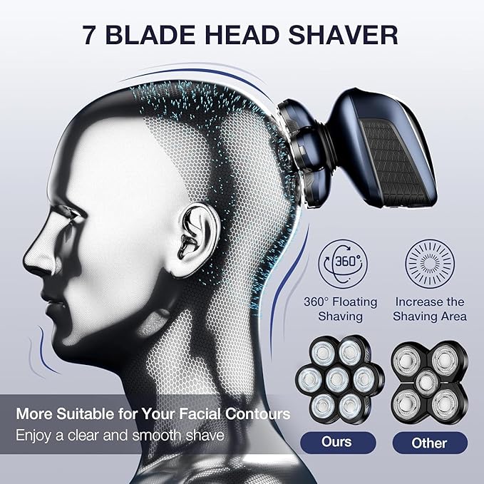 Head Shaver 7D, Wyklaus Head Shavers for Bald Men, Head Electric Razor with Nose Hair Trimmer, Waterproof Wet Dry Mens Grooming Kit, Anti-Pinch