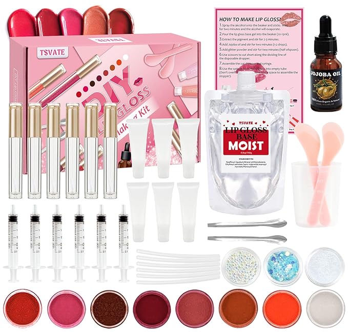 Lip Gloss Making Kit, TSVATE Lip Gloss Kit, Diy Lip Gloss Making Kit, Fun Make Your Own Lipgloss Kids Lip Gloss for Girls, Women, Moisturizing Lip Gloss Base, Jojoba Oil, Lip Gloss Tubes, Gift for Her