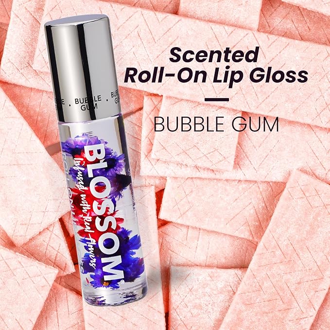 Blossom Roll on Lip Gloss, Scented Clear High Shine Moisturizing Lip Oil, Non Sticky, Infused with Real Flowers, Made in USA, 0.2oz, Bubble Gum