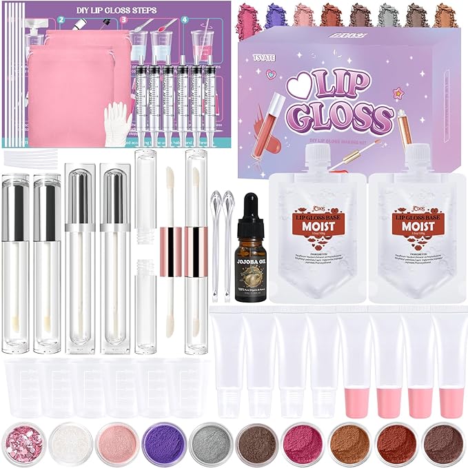 Lip Gloss Making Kit, 58PCS DIY Lip Gloss Kit, Lipgloss Making Kit for Women, Beginner, Girls, Moisturizing Lipgloss Base Moist, Double-Ended Tubes, Jojoba Oil, Tween Girls Gift Trendy Stuff