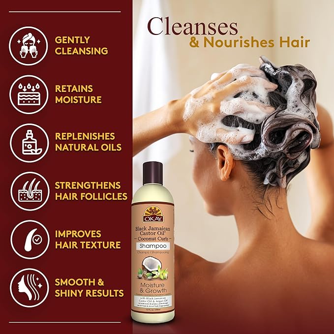Okay Black Jamaican Castor Oil Shampoo - Natural, Moisturizing Jamaican Castor Shampoo, Strengthen & Restore Damaged Hair for Women and Men - Coconut Curls, 12 fl oz (Pack of 1)
