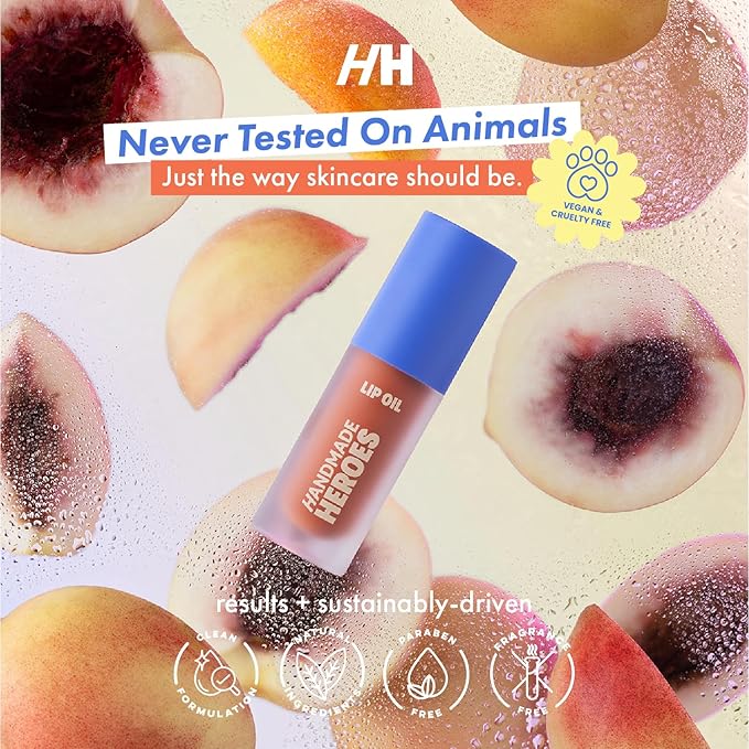 Handmade Heroes 100% Natural Vegan Lip Oil with Squalane Non-Sticky Lip Gloss Moisturizing, Shiny, Nourishing Korean Lip Gloss - Sugar Peach