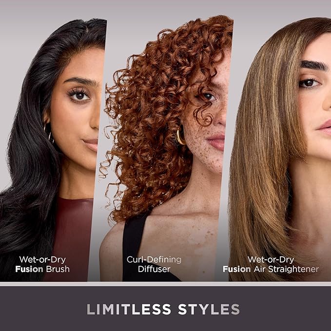 Shark FlexFusion Hair Straightener & Powerful Hair Dryer with Fusion Hair Brush, Ceramic Air Styler with Auto-Wrap Hair Curlers & Concentrator, Ceramic Plates, Cosmic Blush HD641S