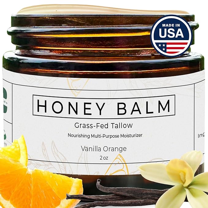 Tallow and Honey Balm, Organic Body Butter, Grass-Fed Beef Tallow for Skin, Soothing All-Natural Moisturizer for Body and Face | Made in USA - 2 oz (Vanilla Orange)