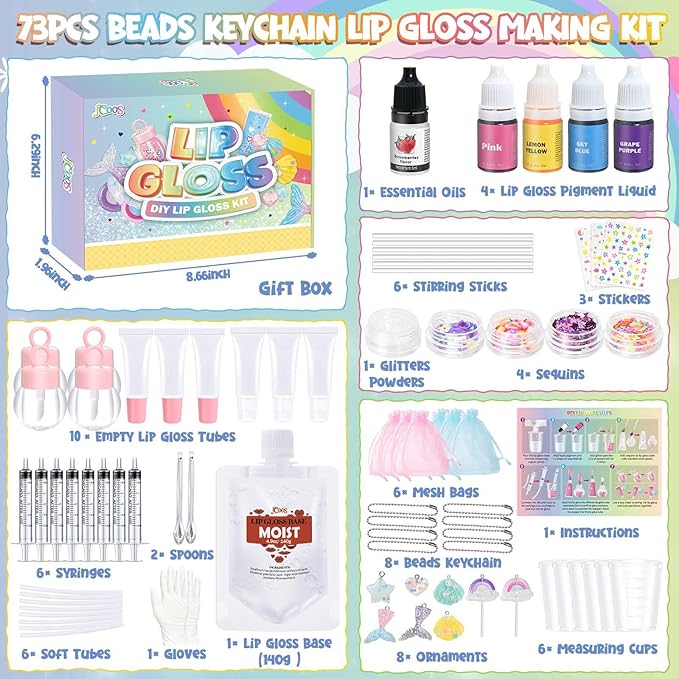 Jcoos Lip Gloss Making Kit 73PCS Lip Gloss Keychain Make Your Own Lip Gloss Kit, DIY Lip Gloss Making kit, Soap Making Kit for Kids, Make Your Own Soap Kit Soap Making Kit Science Kits for Kids Age