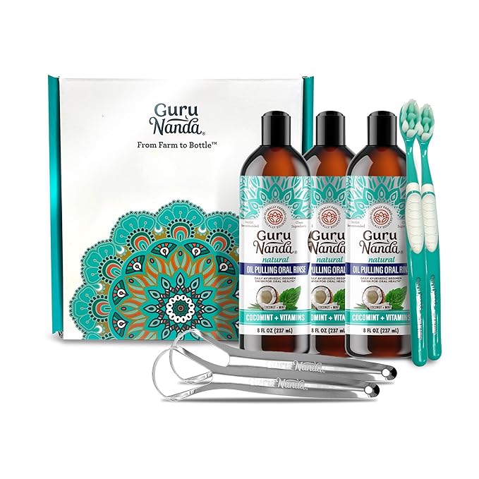 GuruNanda CocoMint Oil Pulling Mouthwash for Complete Oral Hygiene, 7 Essential Oils & Vitamins for Happy Teeth & Gums & Fresh Breath, Alcohol-Free, 3X8 oz