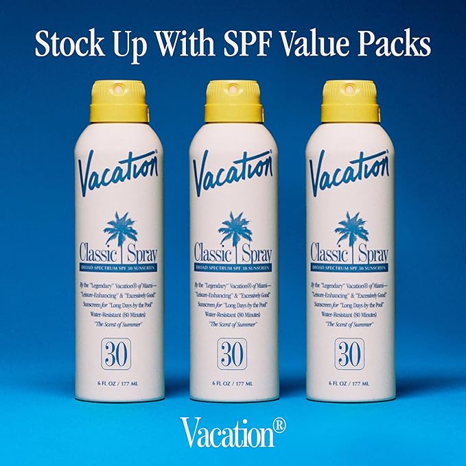 Vacation Classic Spray Sunscreen SPF 30 3-Pack, Broad Spectrum Sunscreen Spray, Vegan Sunblock Spray, Body Lotion with SPF, Spray Sunscreen SPF 30, 6 fl. oz. (Pack of 3)