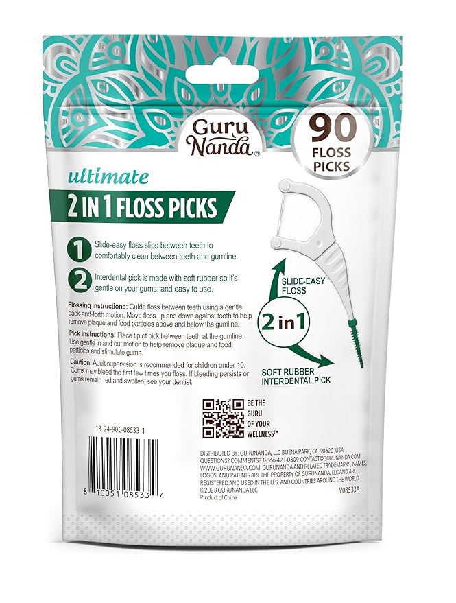 GuruNanda 2 in 1 Dental Floss Picks - Non-Slip Grip Handle, Slide Easy, No Break or Shred Flosser - Complete Oral Care with Interdental Pick for Healthy Teeth & Gums - Mint Flavor, 90 Count (1 Pack)
