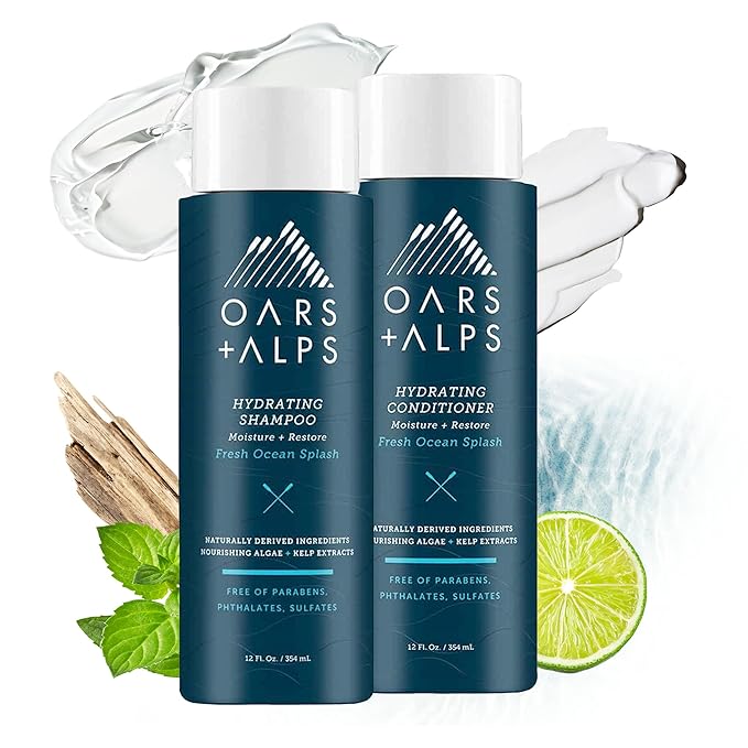 Oars + Alps Men's Sulfate Free Hair Shampoo and Conditioner Set, Infused with Kelp and Algae Extracts, Fresh Ocean Splash, 12 Fl Oz Each