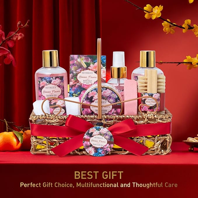 Spa Gift Basket for Women, ROSE & JASMINE Friendship Gifts Women, Tote Bag, Shower Gel, Hand & Body Cream, Hitrees Bath Gift Set for Her, Mom, Mothers Day