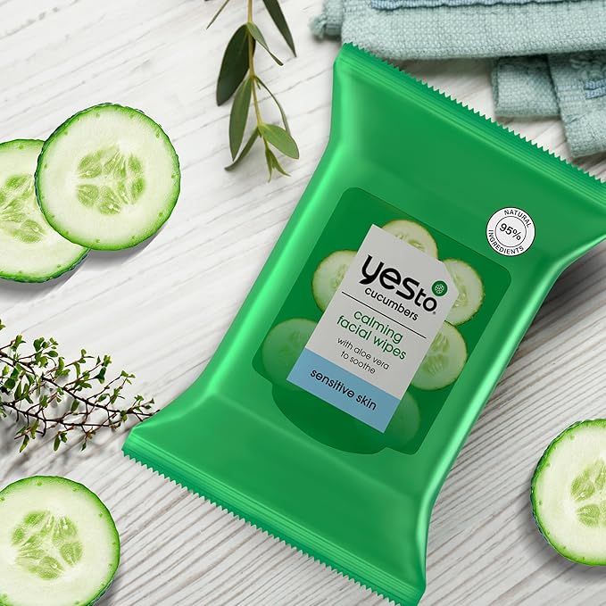 Yes To Face Wipes for Women and Men, Sensitive Facial Cleansing Wipes for use as a Make Up Remover, Cleaning, Soothing, Cucumbers Aloe Vera (Pack of 2)
