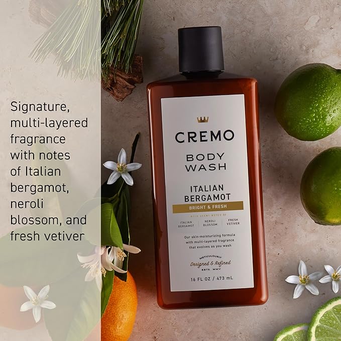 Cremo Body Wash Men, Notes of Italian Bergamot, Neroli Blossom, and Fresh Vetiver, Rich-Lathering Italian Bergamot, 16 Fl Oz