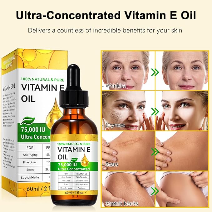Natural Vitamin E Oil for Skin, 75,000 IU Ultra Concentrated Vitamin E Oil for Face, Hair and Scars, Moisturizing Dry Skin Oils, Promotes Skin Elasticity, 2Fl Oz
