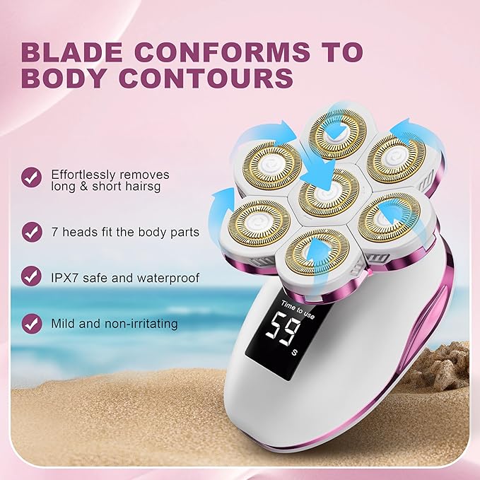 Electric Razors for Women, Wet/Dry 7D Rechargeable Rotary Shaver for Legs, Water Resistant Grooming Kit - Electric Razors for Women, Facial Hair Removal, Bikini Trimmer, Lips - Gentle Hair Remo